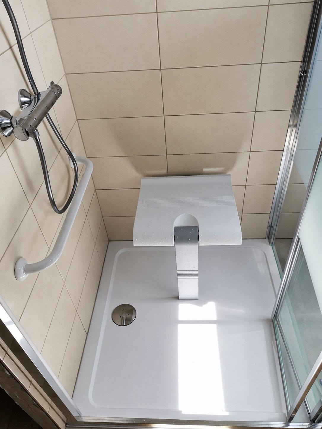 Vue de dessus d'une douche carrelée beige équipée d'un siège rabattable blanc, d'une barre d'appui et d'un receveur extra-plat.
