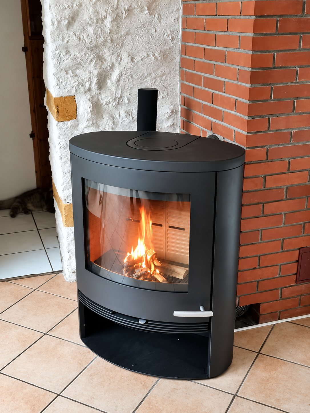 Un poêle à bois noir de forme ovale, avec un feu allumé derrière la vitre, est installé dans un salon entre un mur de pierres blanches et un mur de briques rouges.